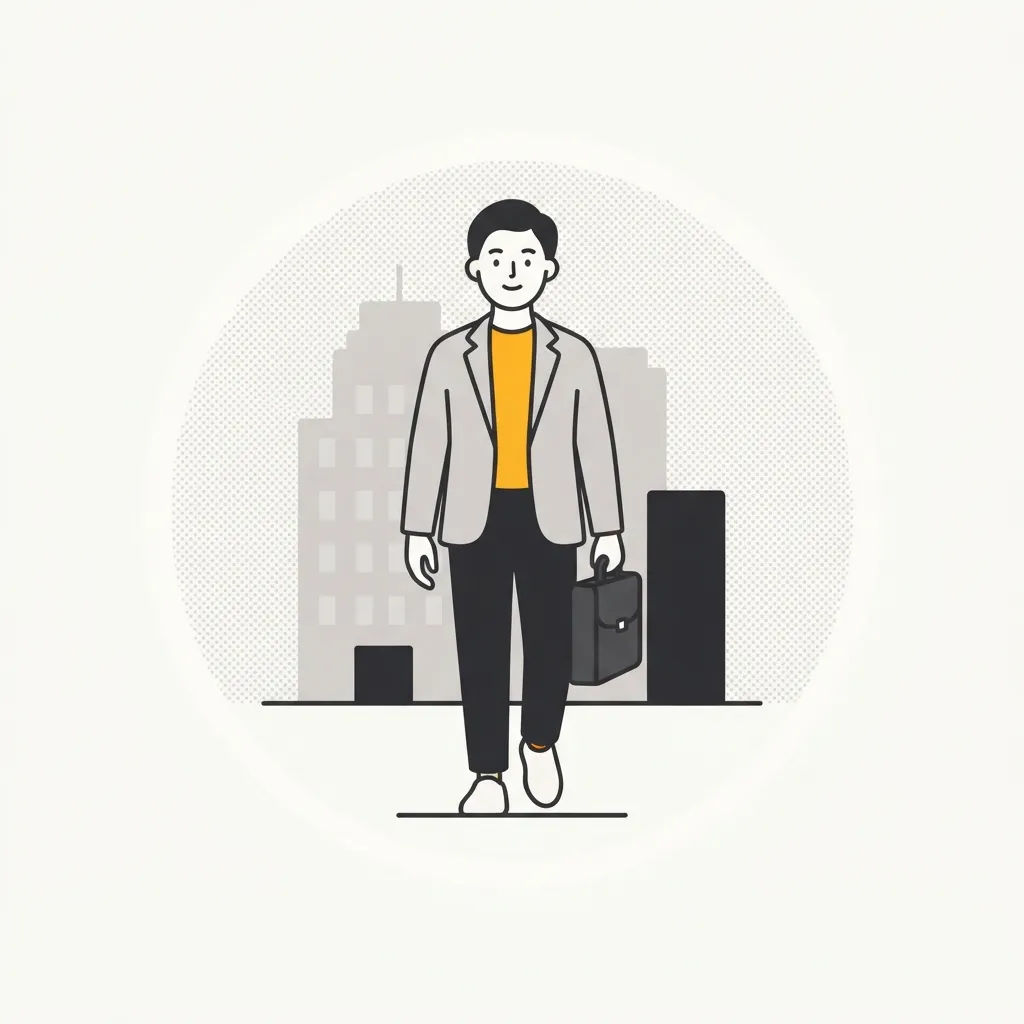 かばんを持ってオフィス街を歩いている人のイラスト