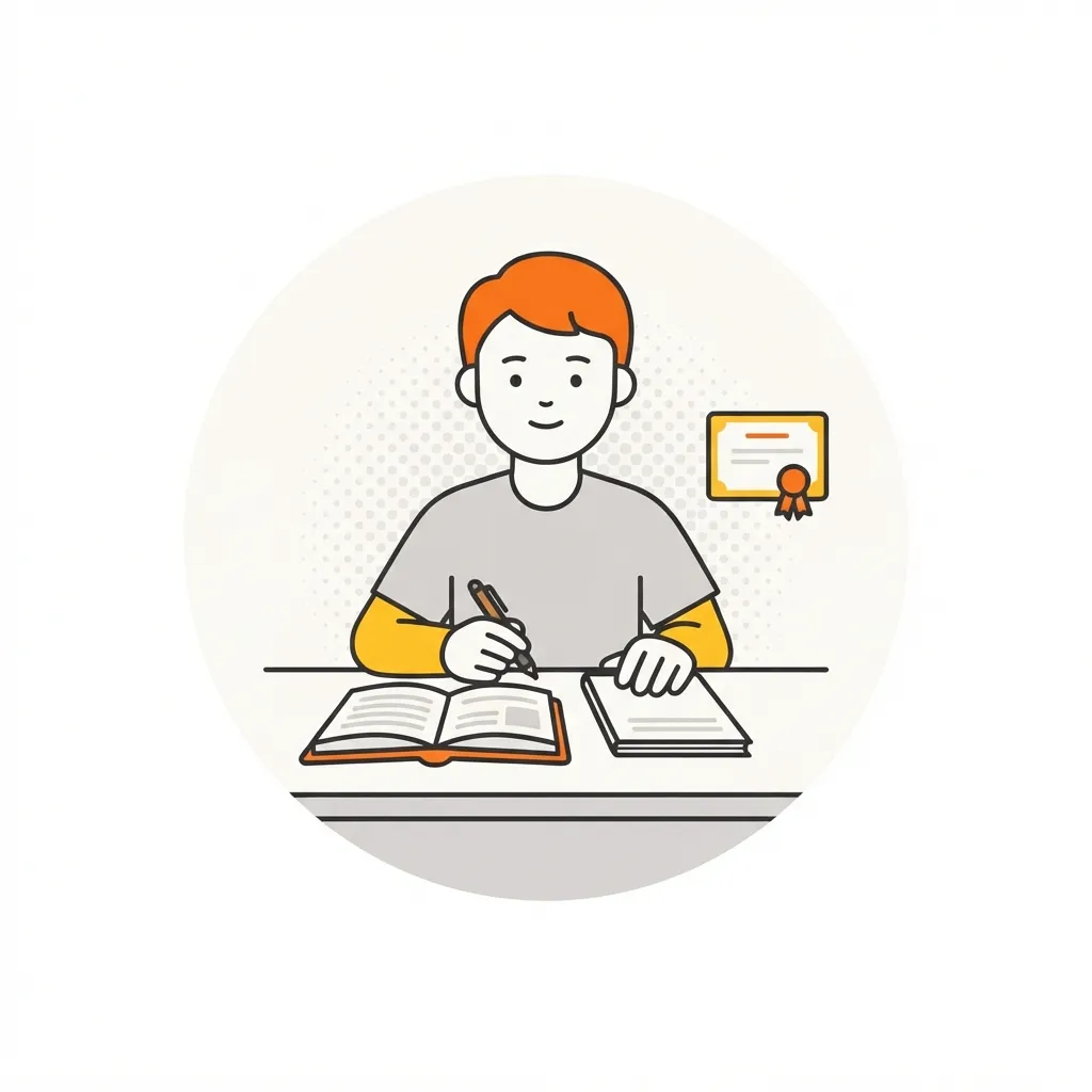 机で参考書を開き、ノートに書き込みながら勉強している人のイラスト